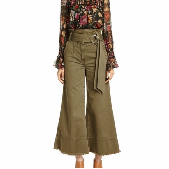 Cinq A Sept Serge Belted Wide Leg Cropped Trousers Olive Green Cotton Size 6 - Picture 2 of 3